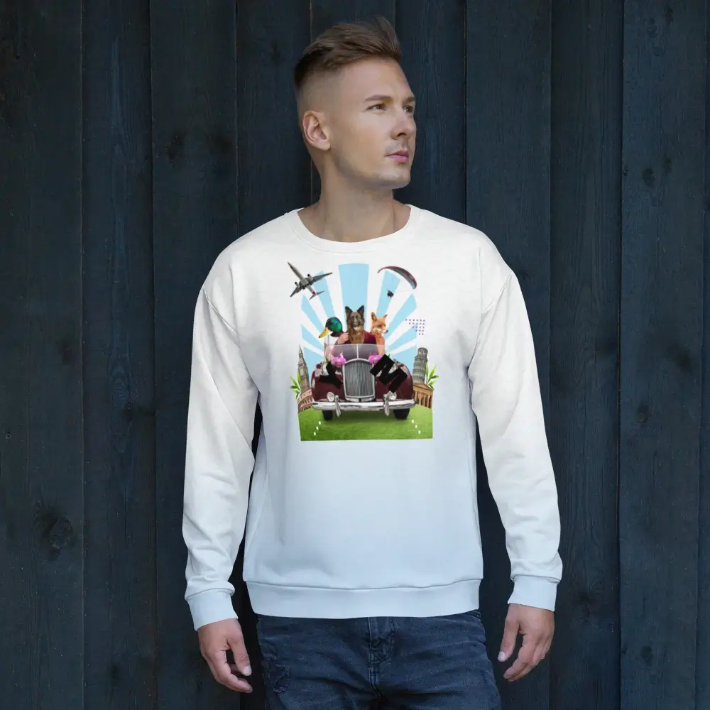 Man wearing graphic white sweatshirt, dark background.