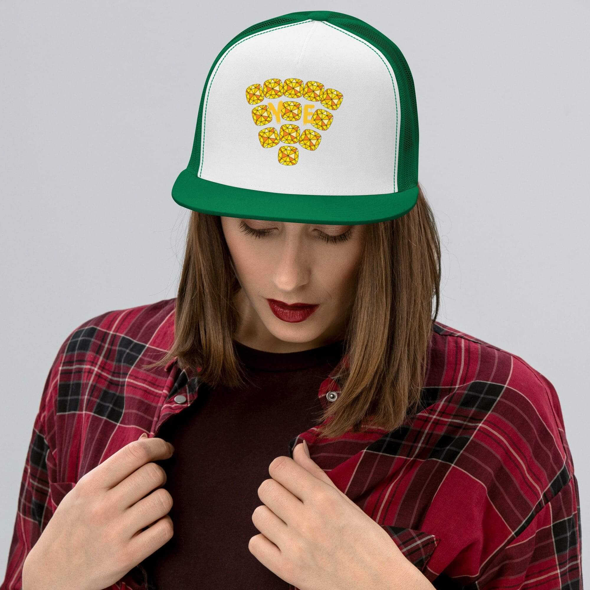 Woman wearing hat with Wi-Fi symbol.