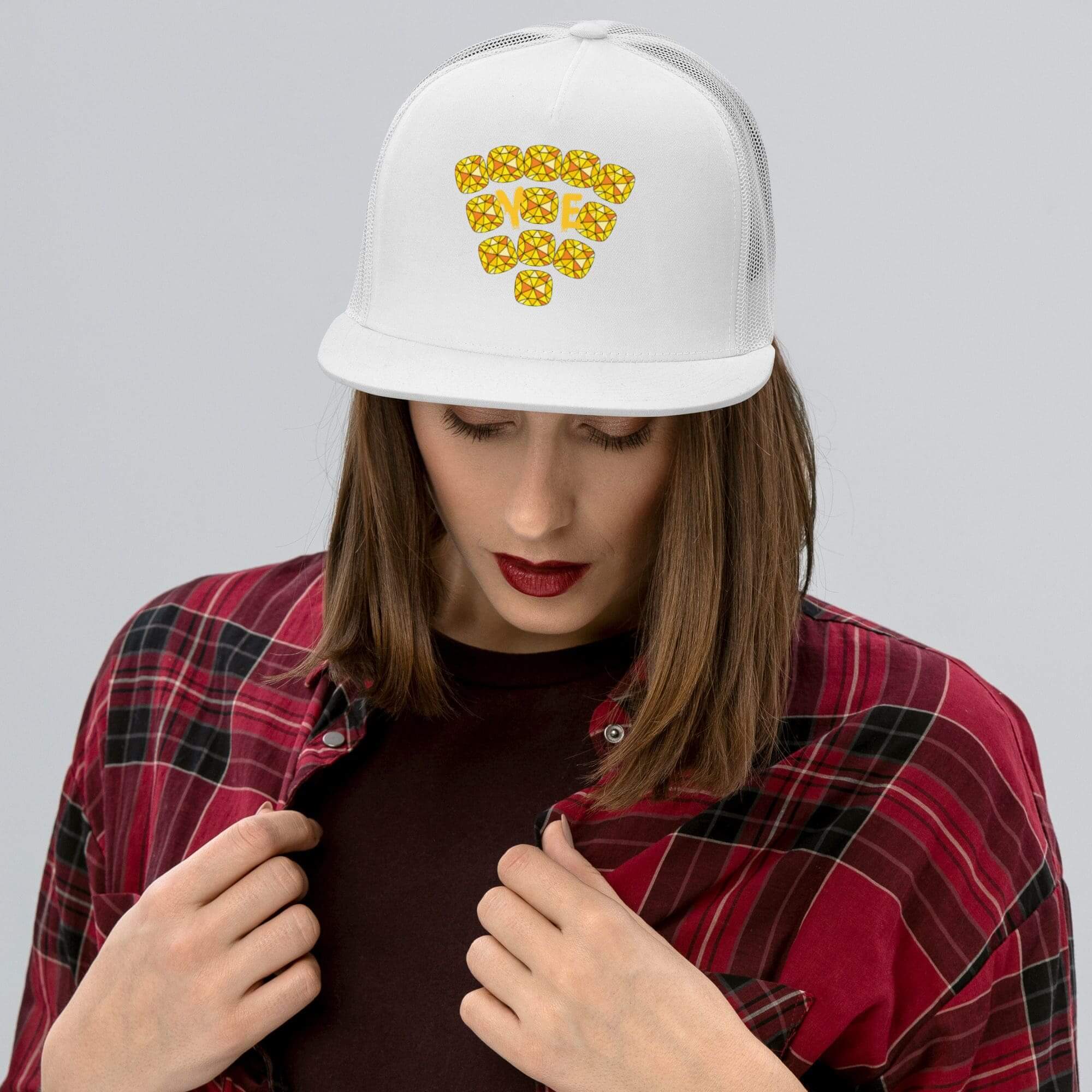 Woman wearing white cap with WiFi symbol.