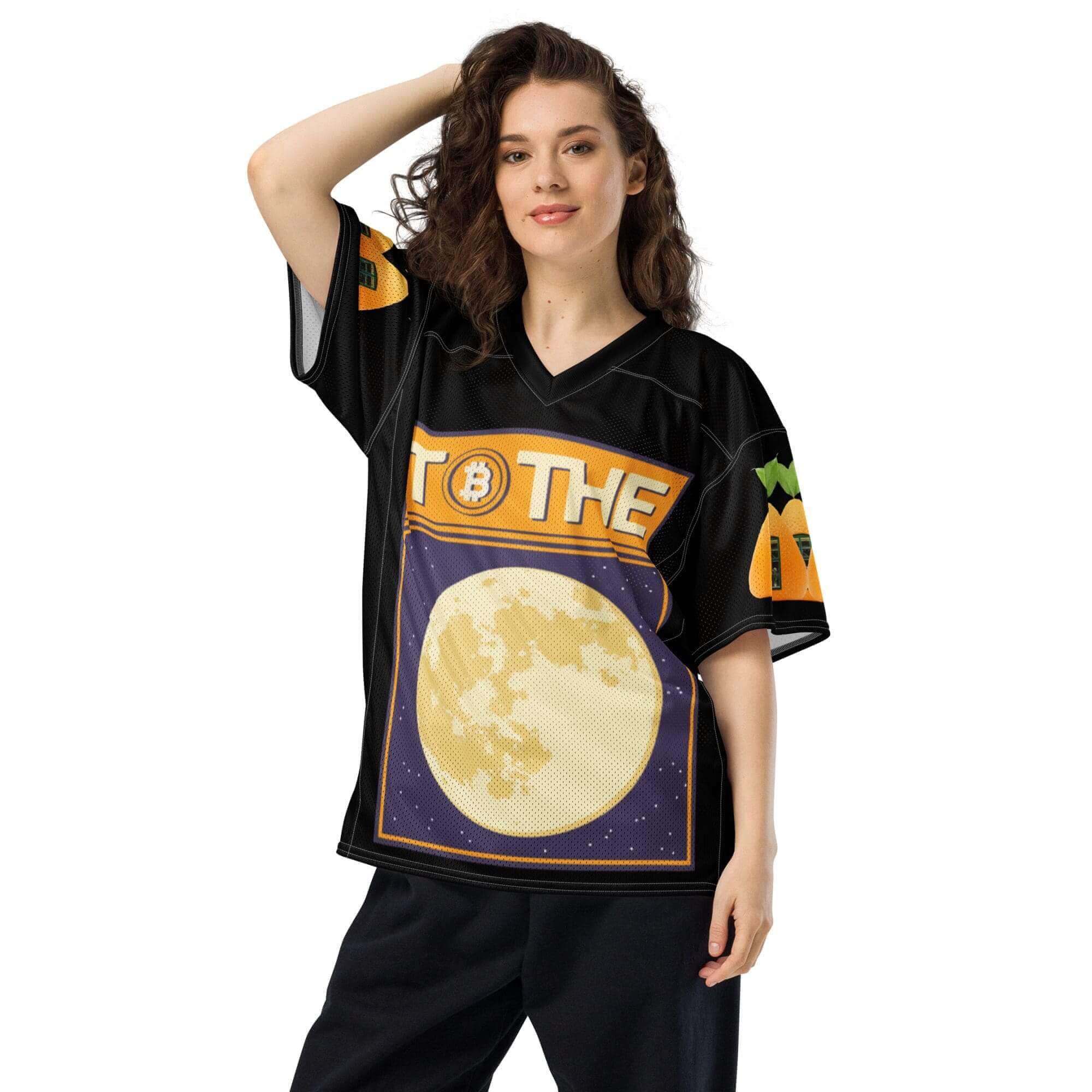 Woman in graphic moon-themed sports jersey.