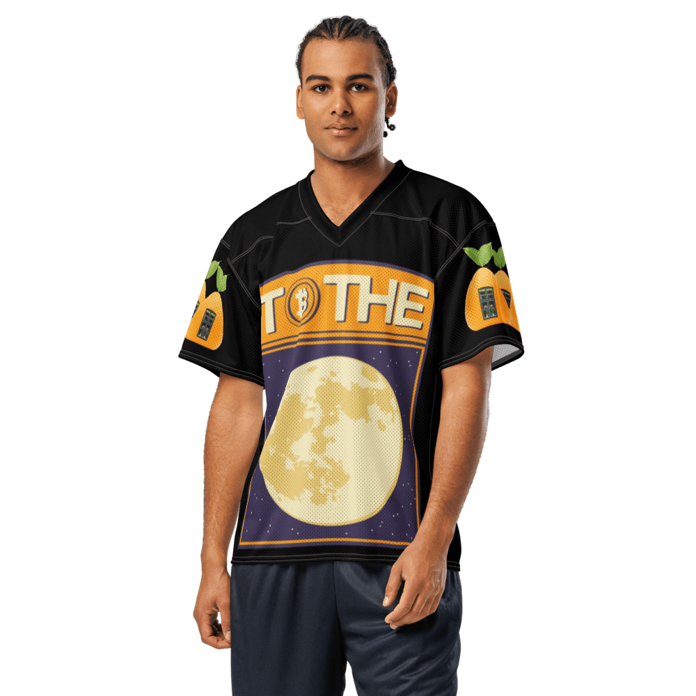 Person wearing a cryptocurrency-themed jersey.