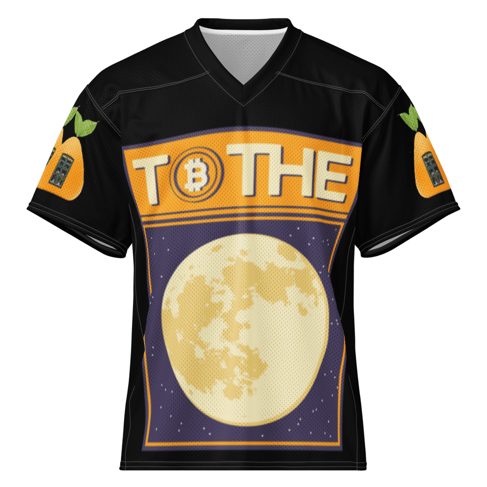 Black jersey with moon and bitcoin design.