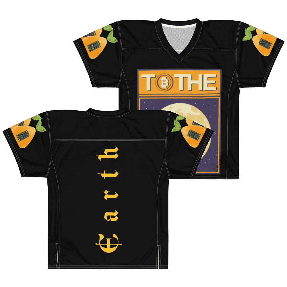 Black space-themed shirt with orange graphics.
