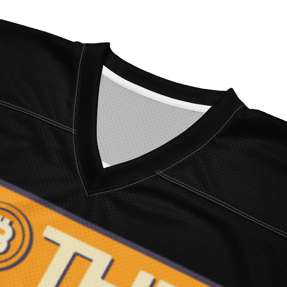 Black sports jersey with yellow text.