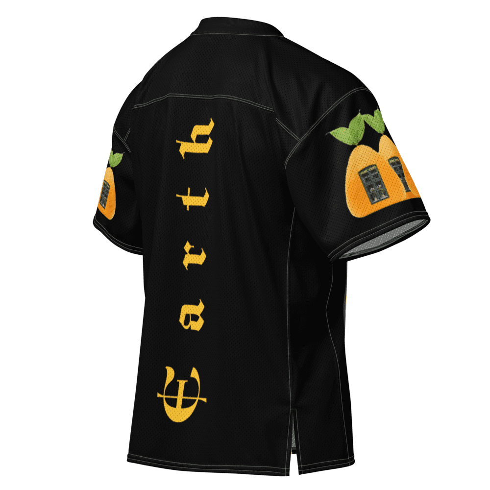 Black jersey with "Earth" and pumpkin design.