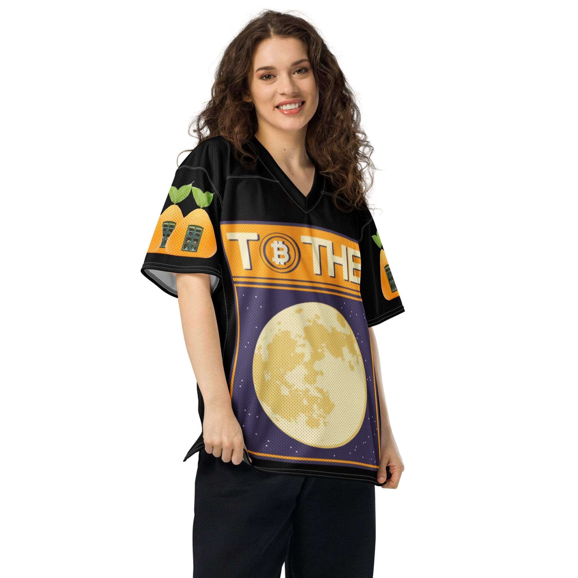 Smiling woman in a Bitcoin-themed jersey.