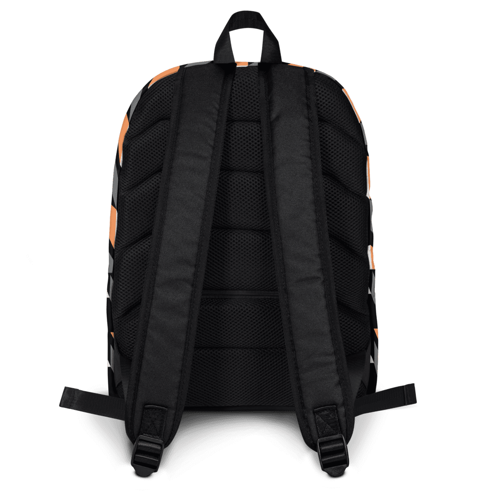 Black and orange backpack with padded straps.