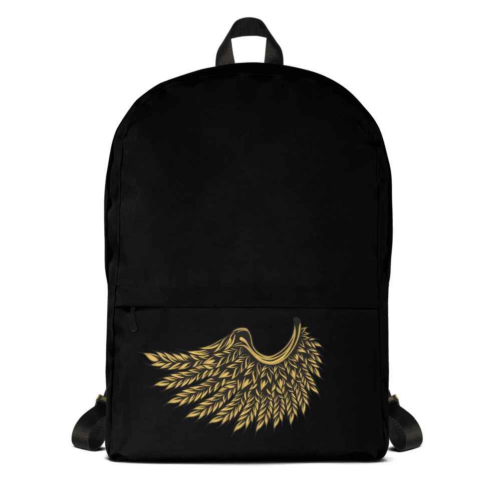 Black backpack with gold wing design.