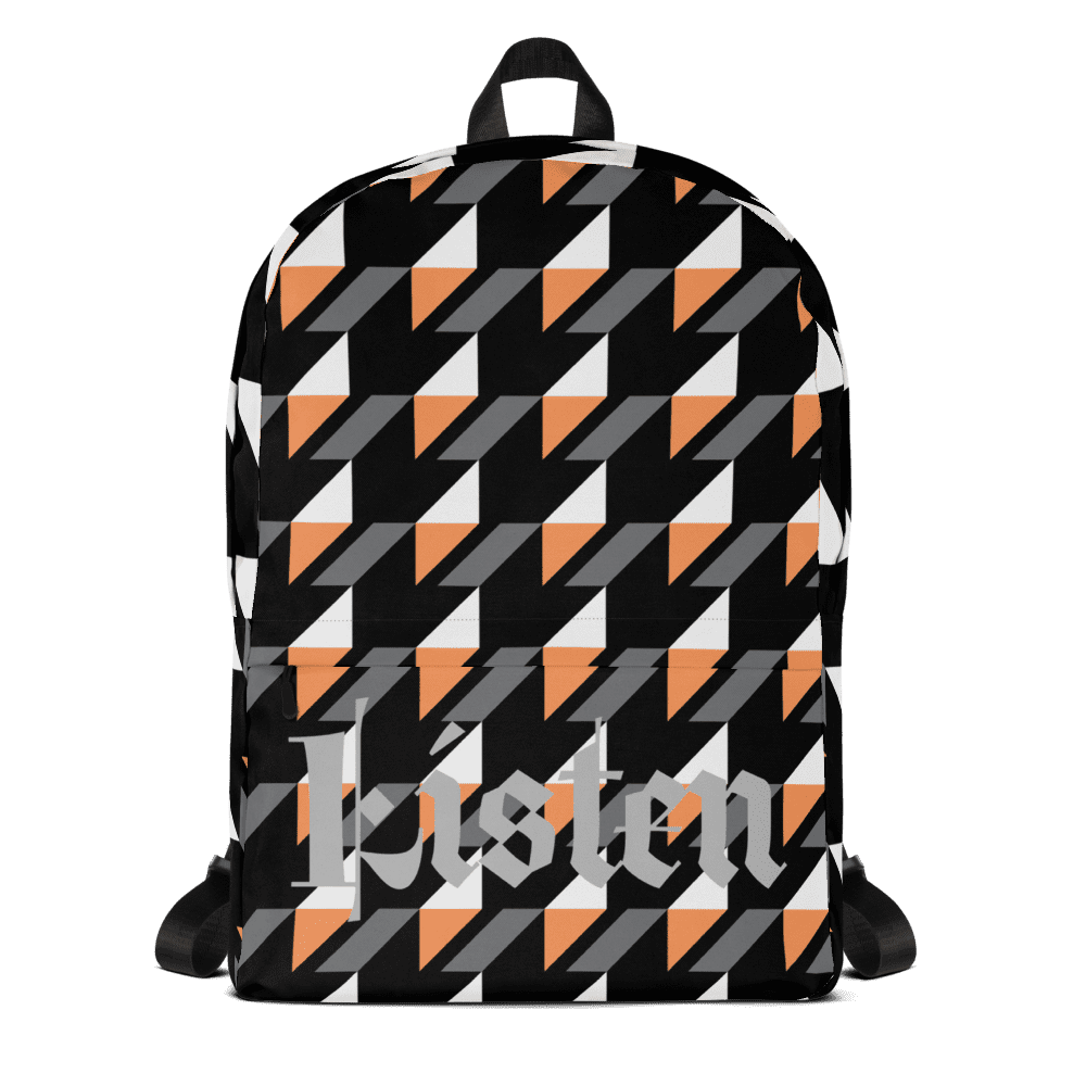Geometric patterned backpack with "Listen" text.