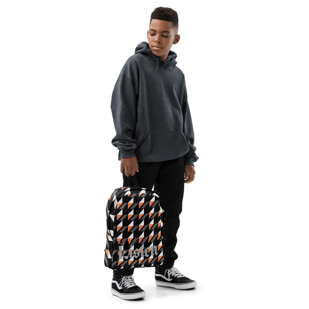 Teen in hoodie with geometric backpack.