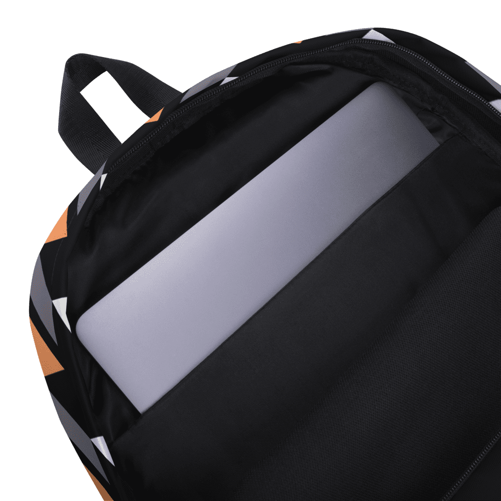 Backpack with laptop inside, black and orange.
