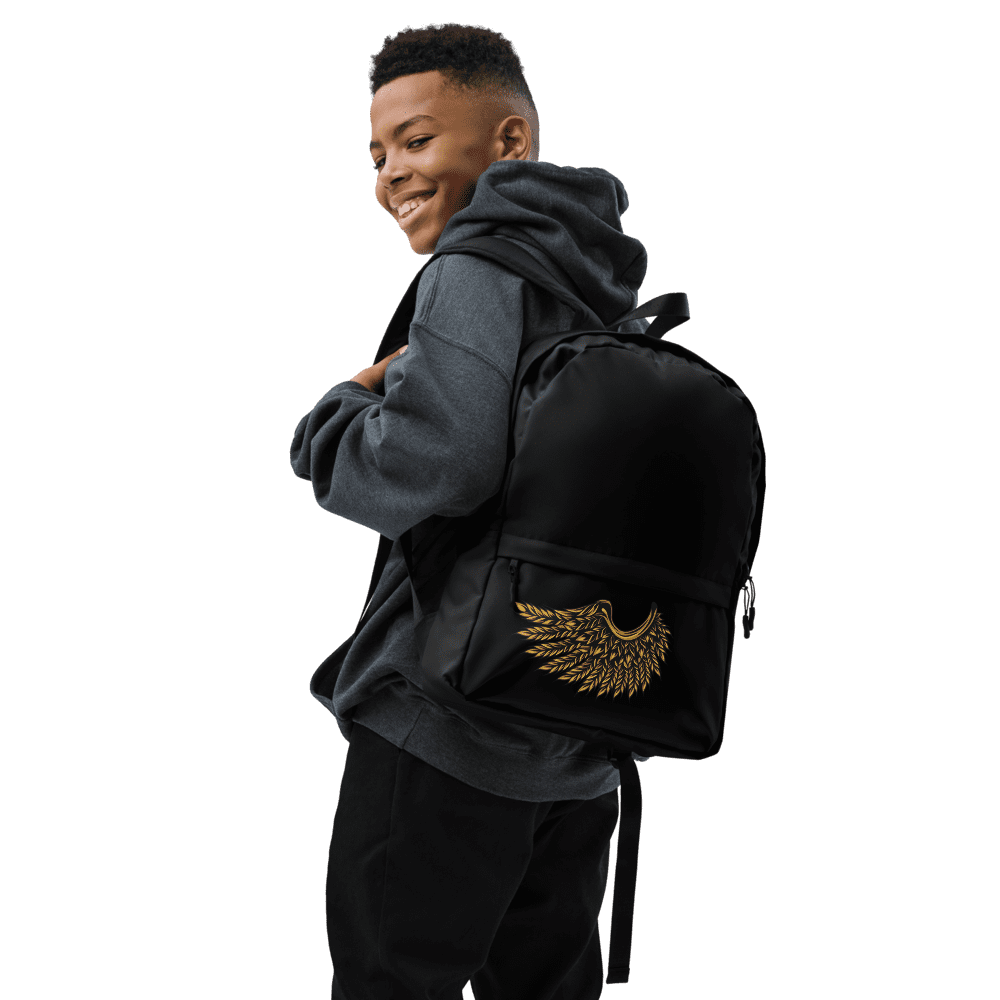 Smiling boy with black backpack and wings.
