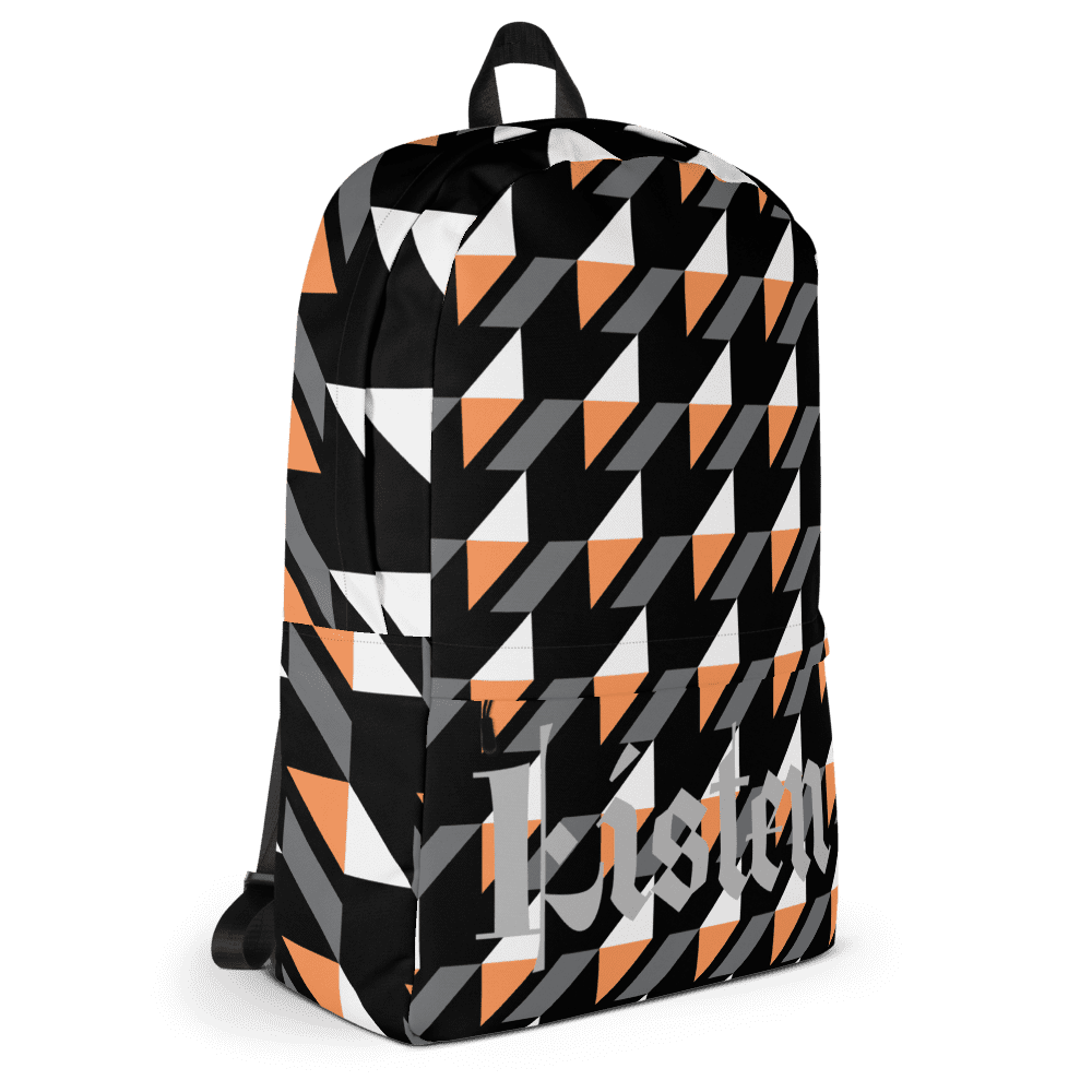 Geometric-patterned backpack with "Listen" text.