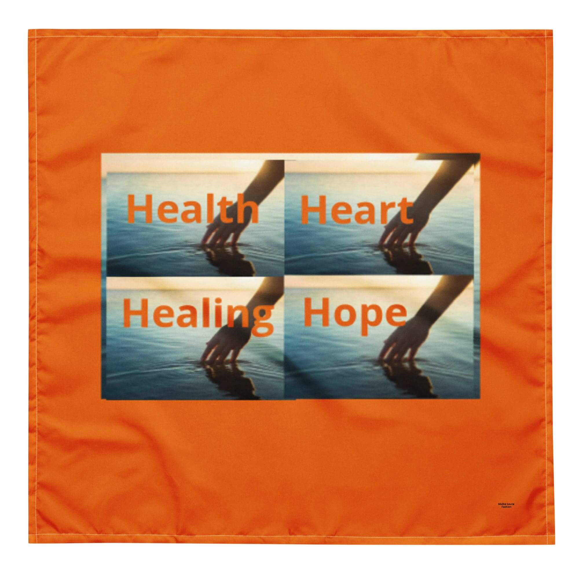 Hands touching water, words: Health, Heart, Healing, Hope.