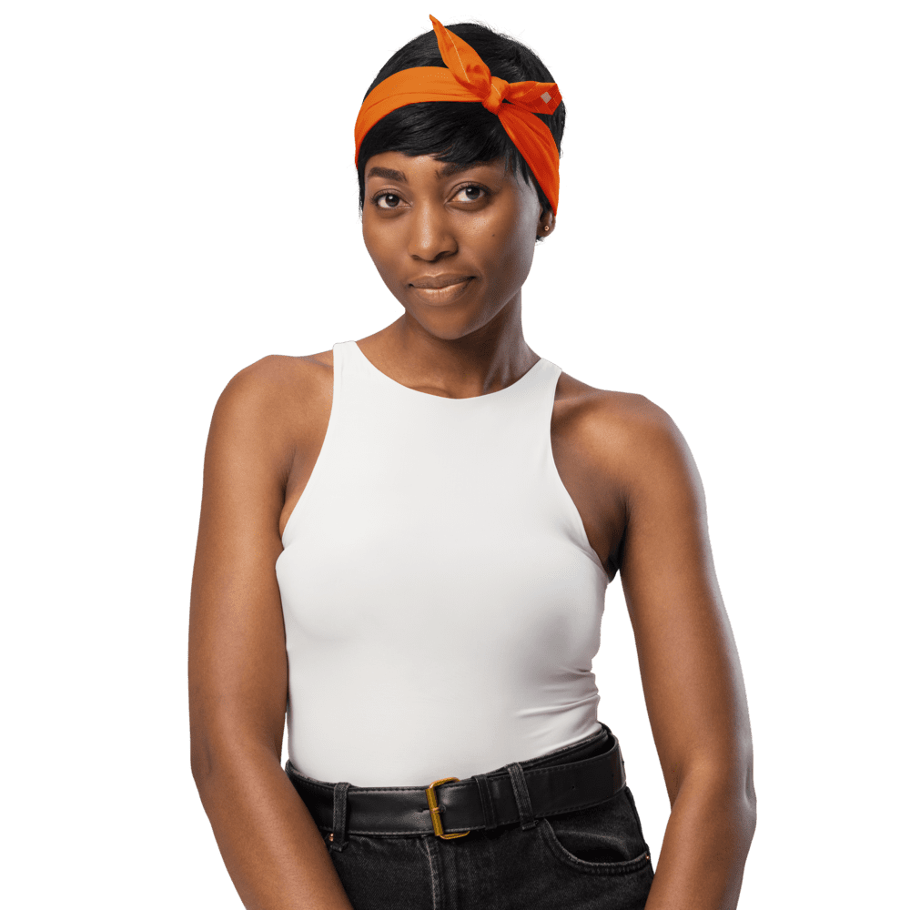 Woman with orange headband and white top.