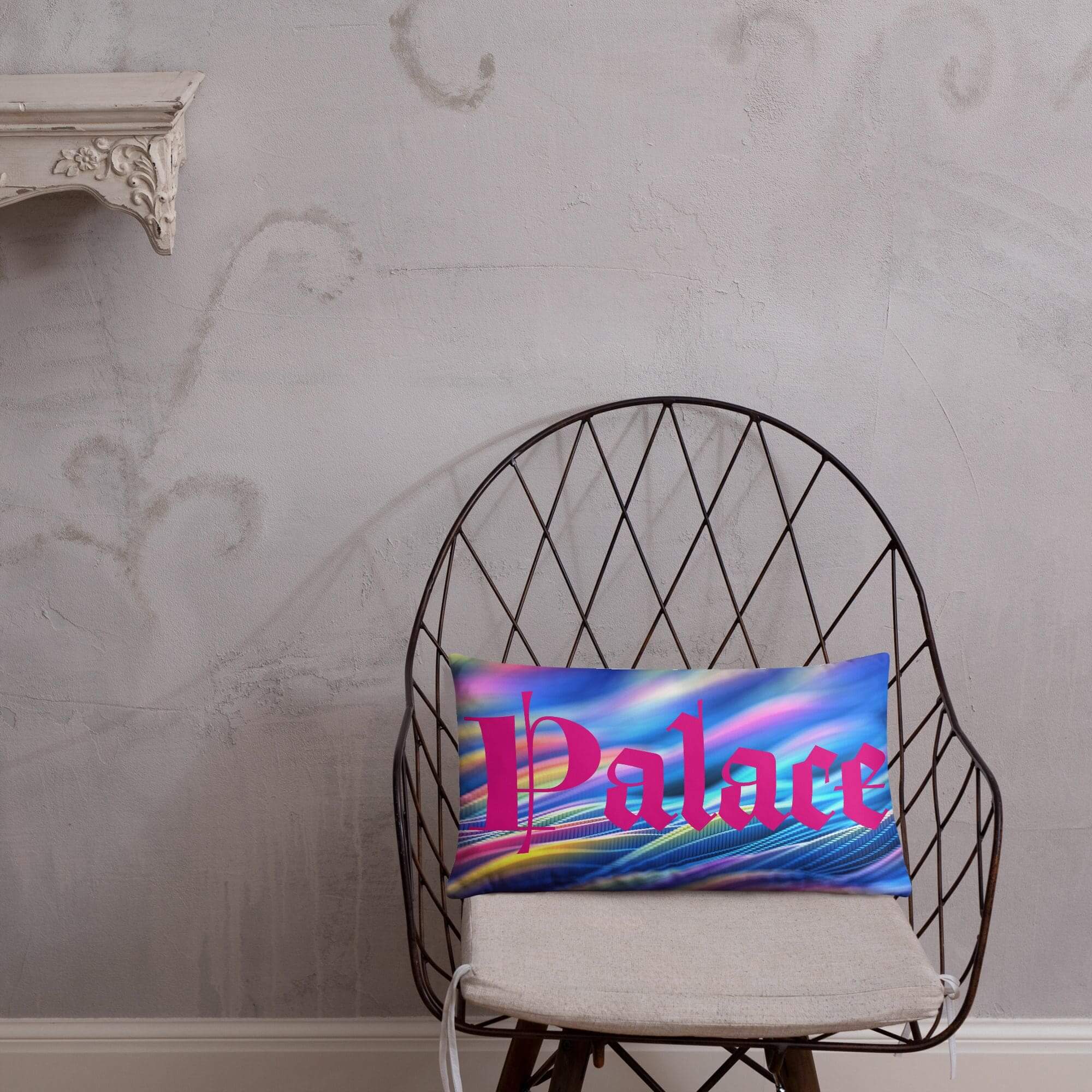 Colorful "Palace" pillow on wire chair