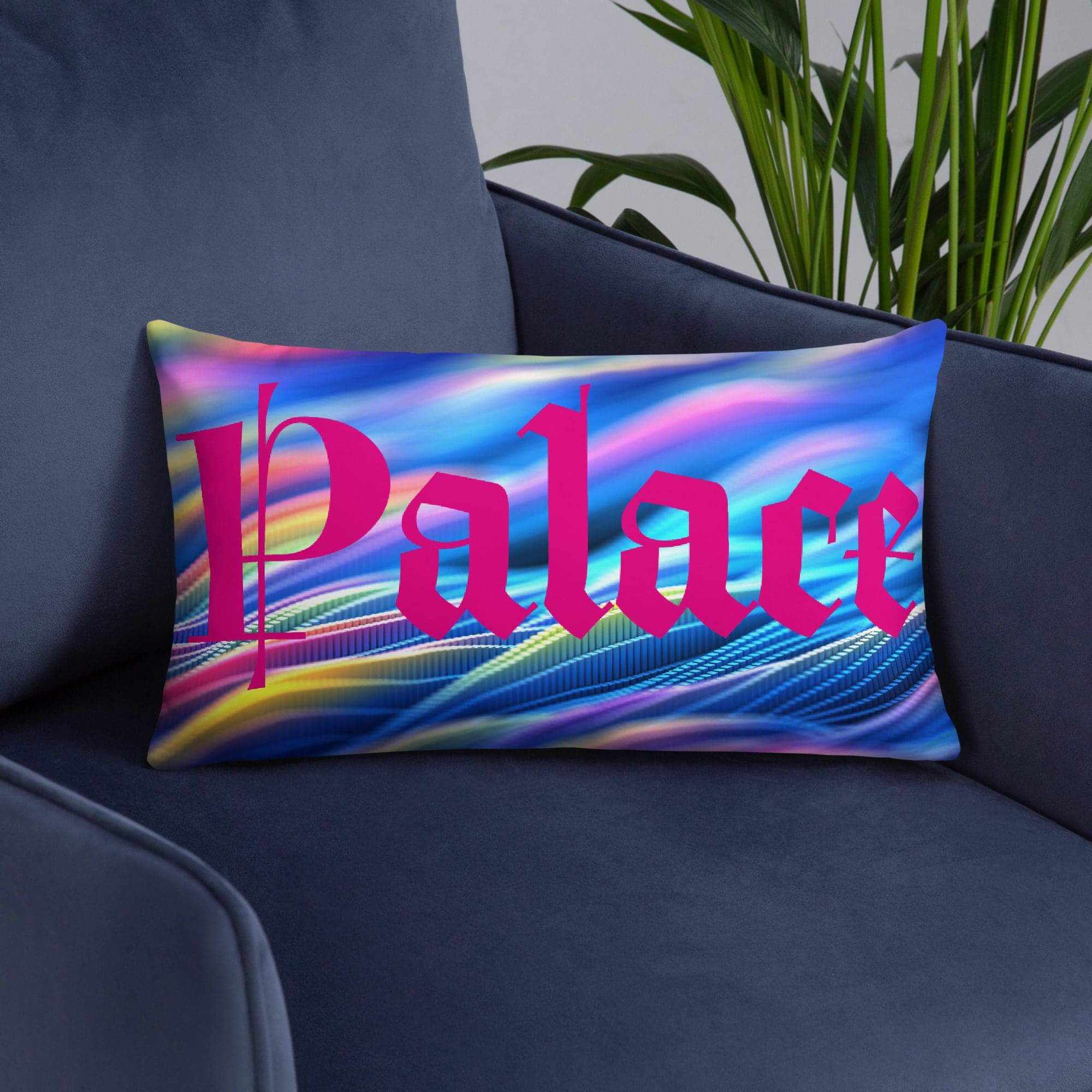 Decorative pillow on blue chair.