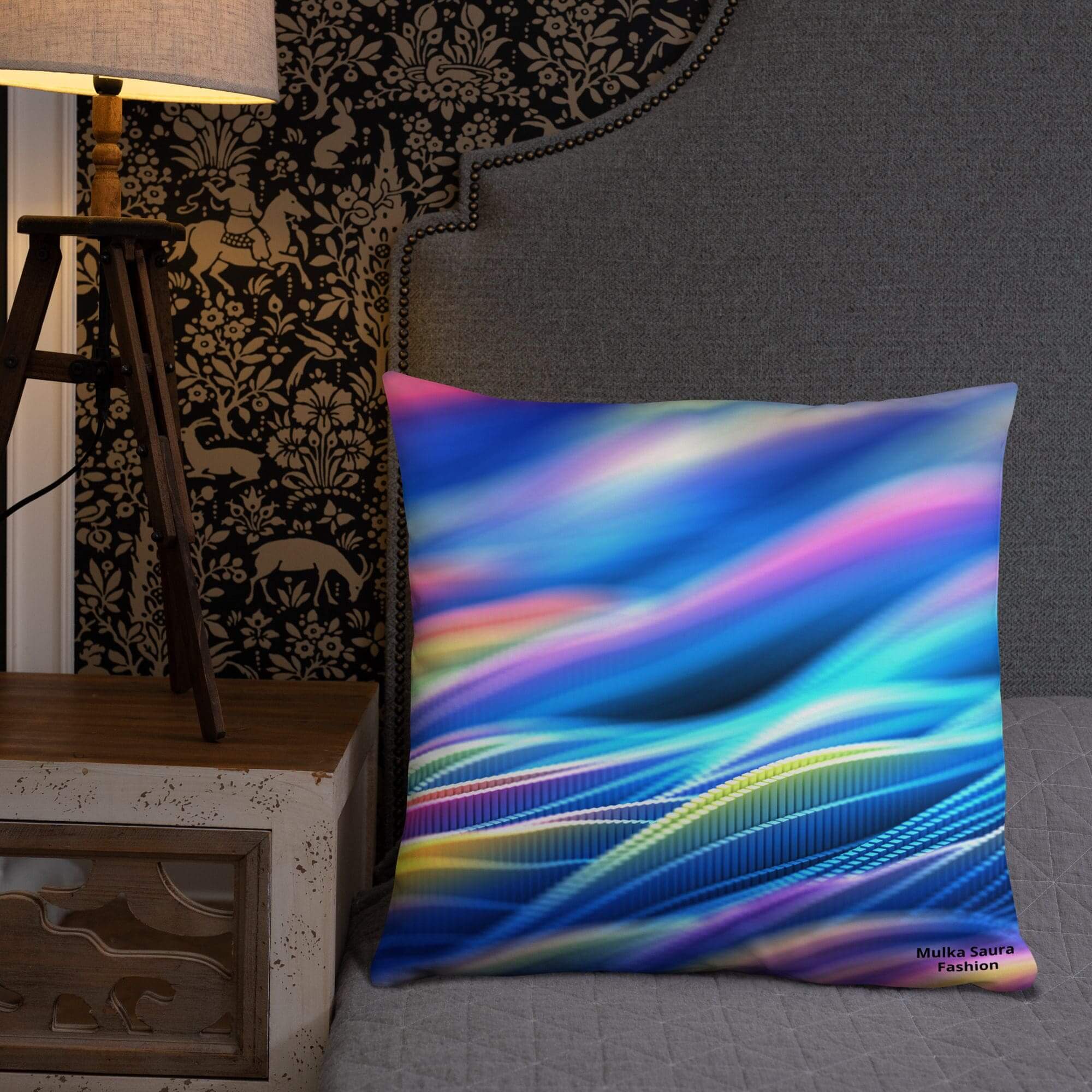Colorful pillow on a decorative chair.