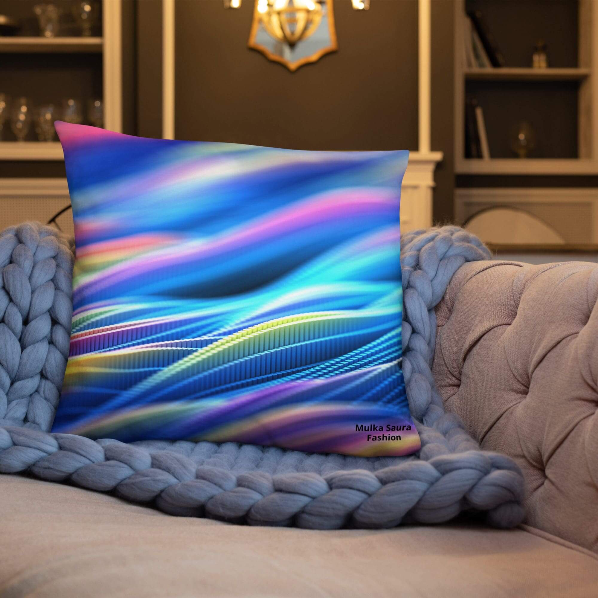 Colorful abstract wavy pattern throw pillow on sofa