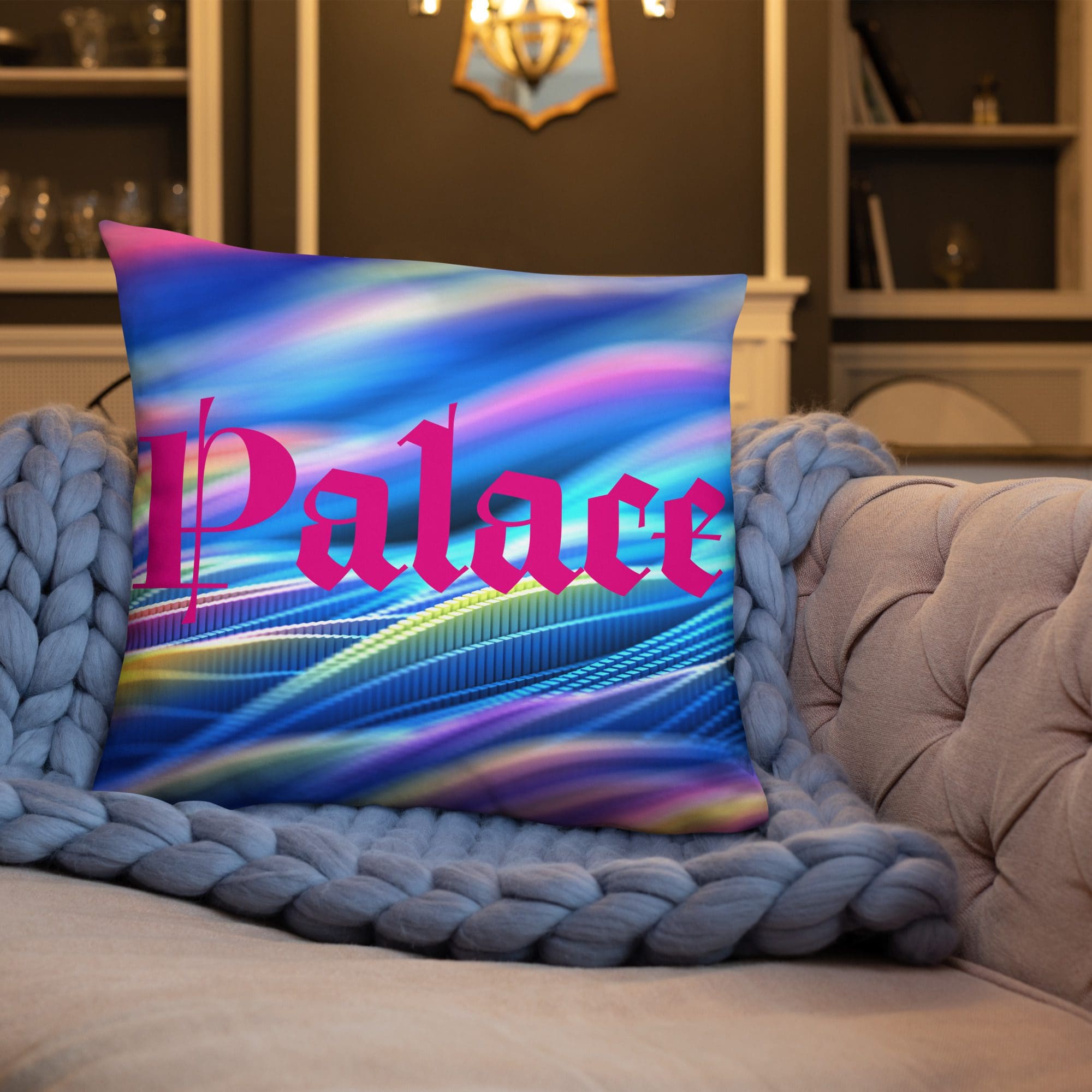 Colorful pillow on a cozy couch.