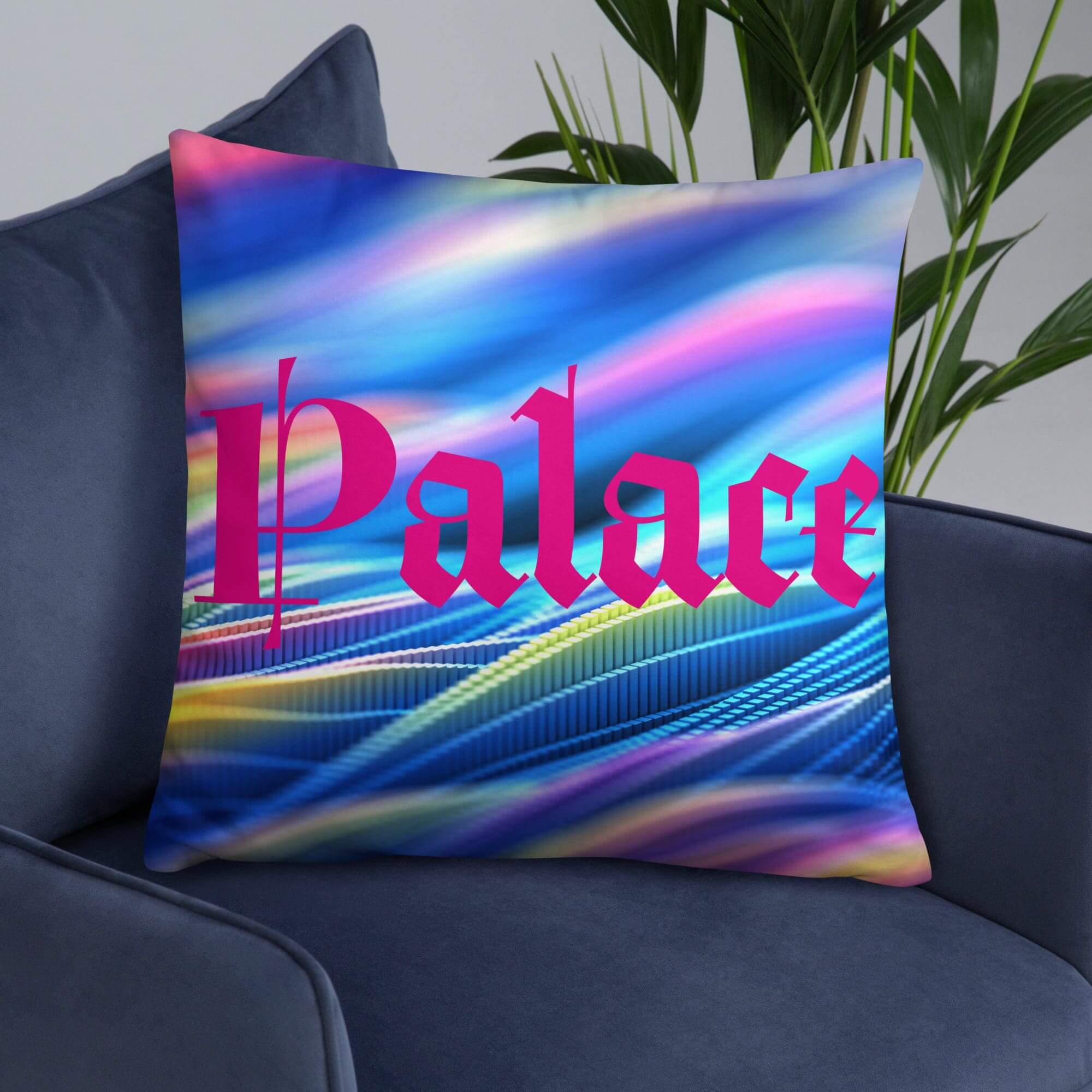 Vibrant Palace logo throw pillow on chair