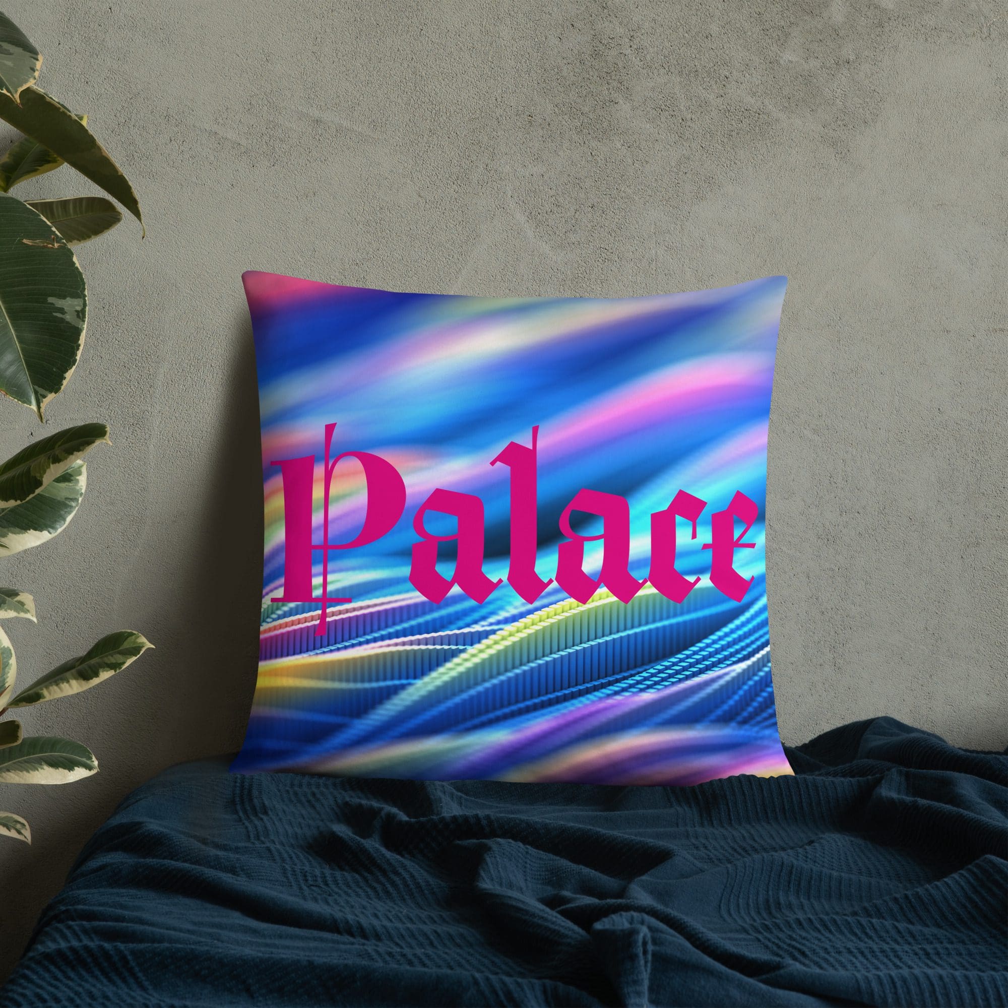 Colorful pillow with "Palace" text design.