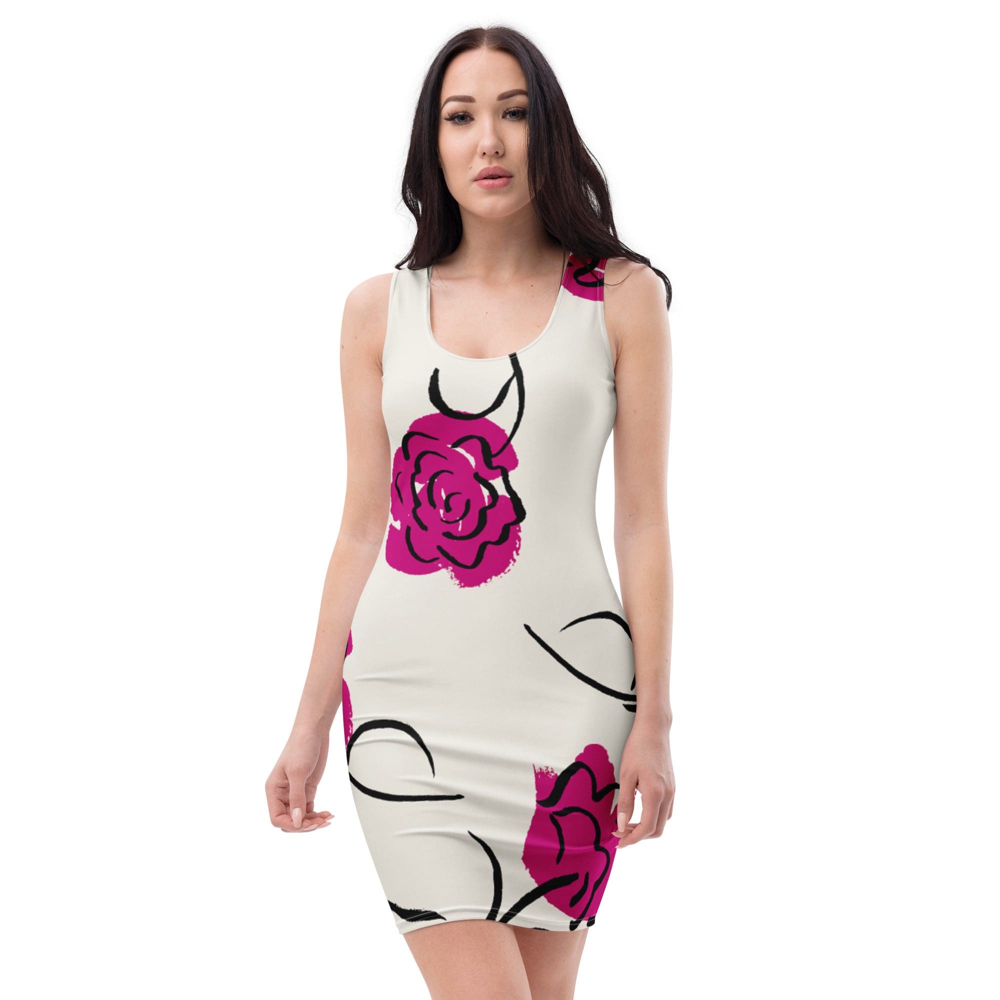 Woman wearing floral white dress.