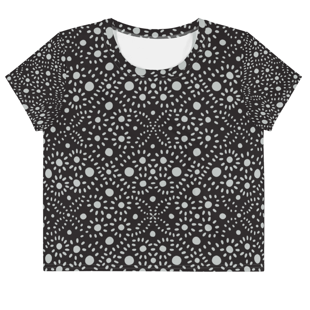Black shirt with white polka dot pattern.