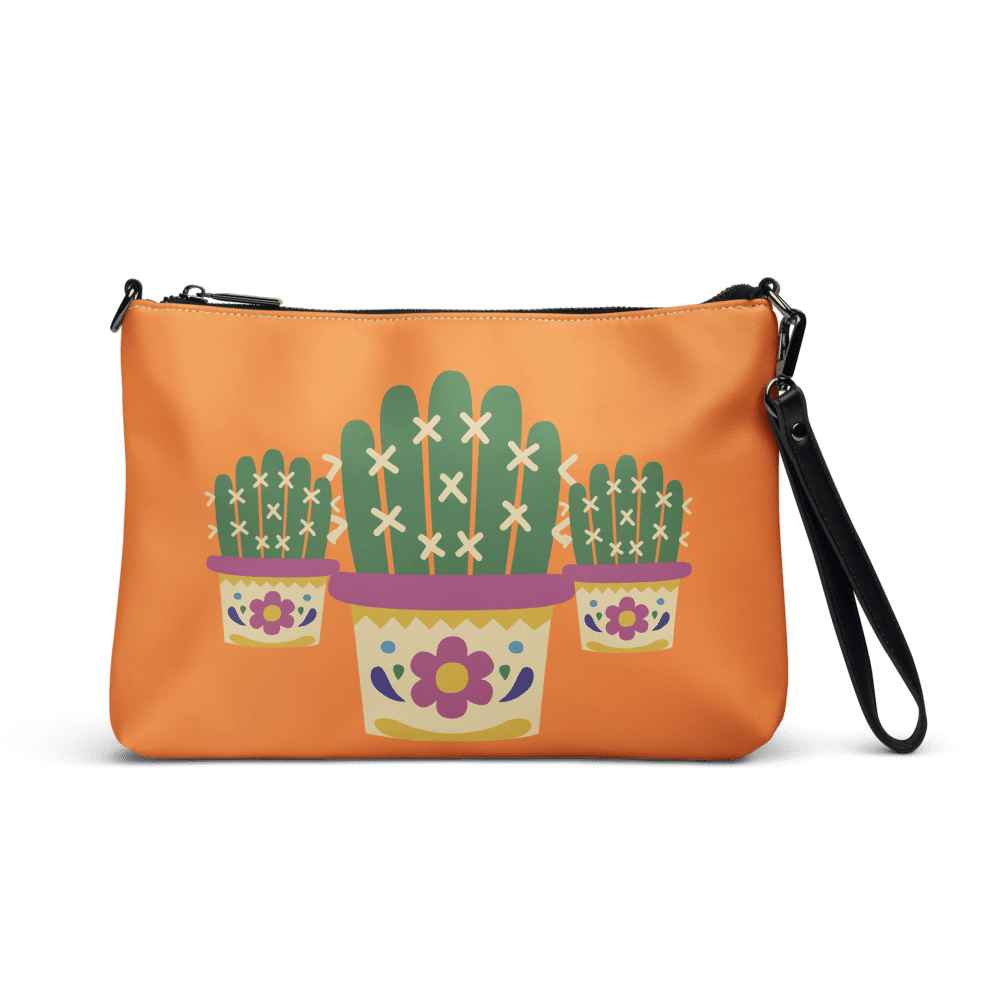 Orange clutch with cactus design.