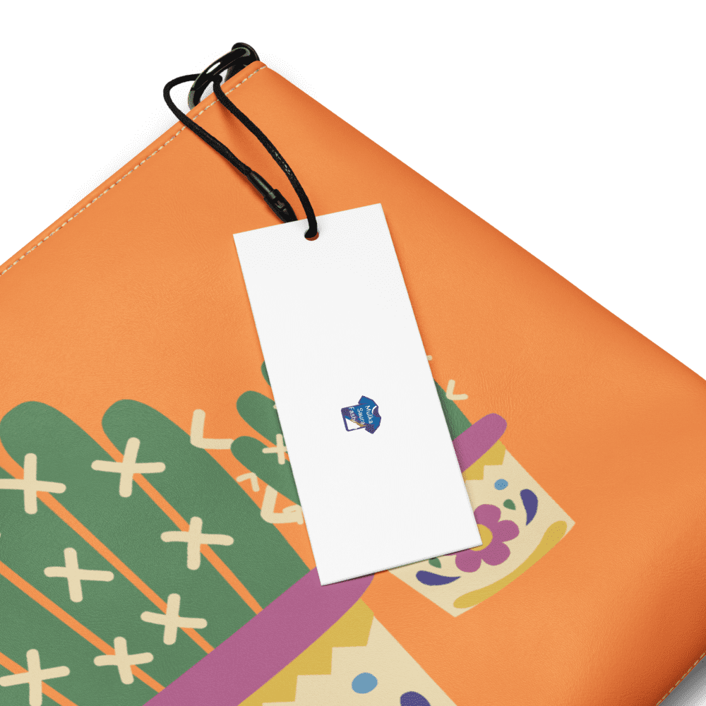 Orange bag with abstract plant design.