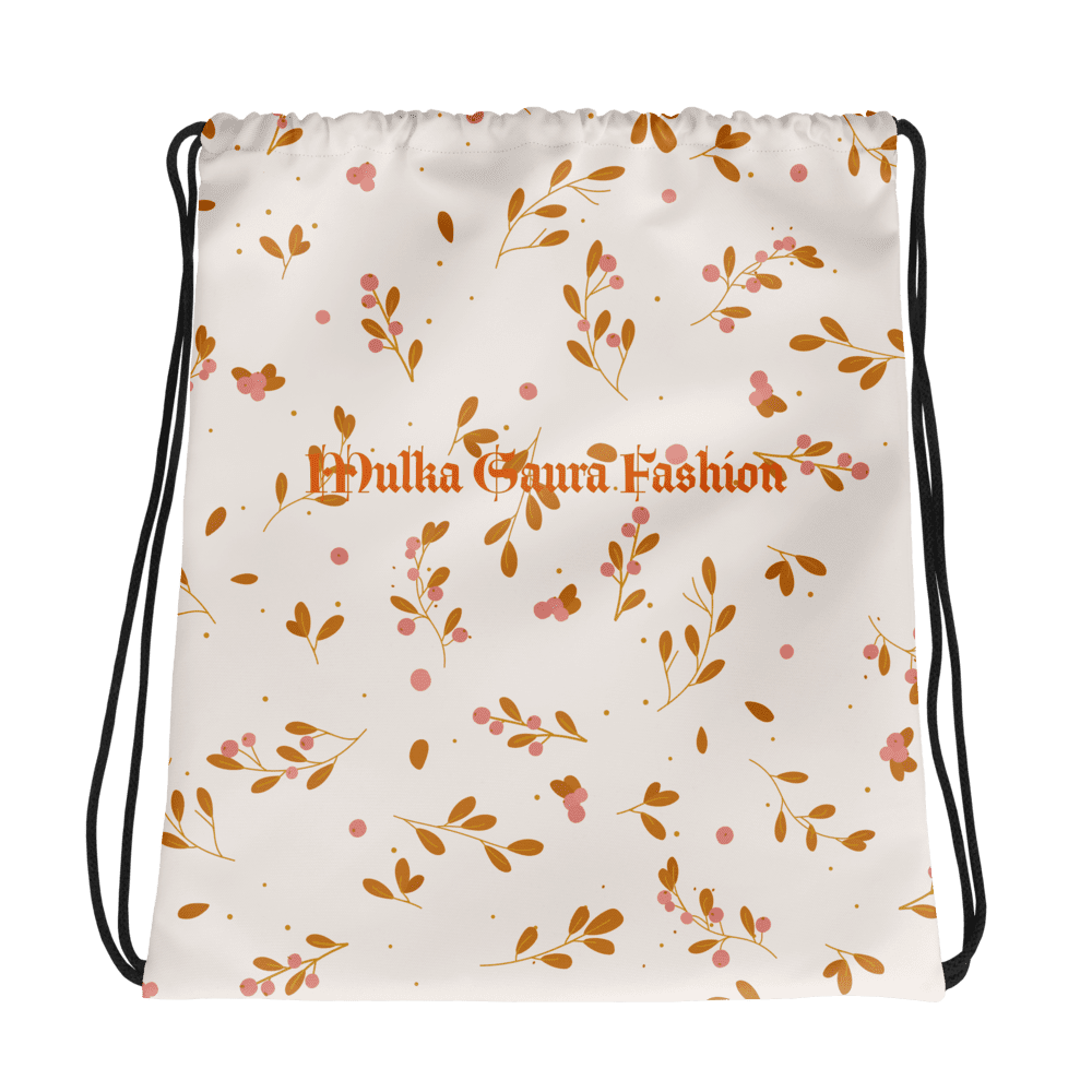 Floral drawstring bag with text design.