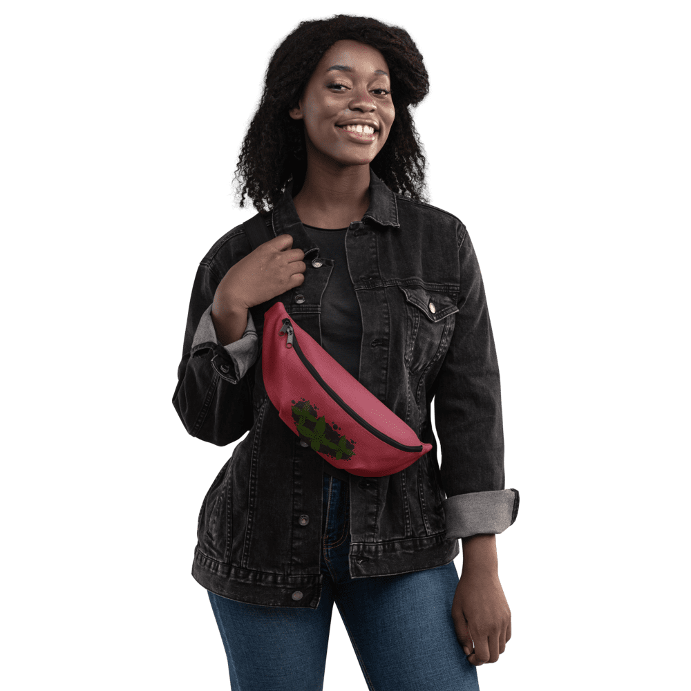 Smiling woman with red fanny pack.