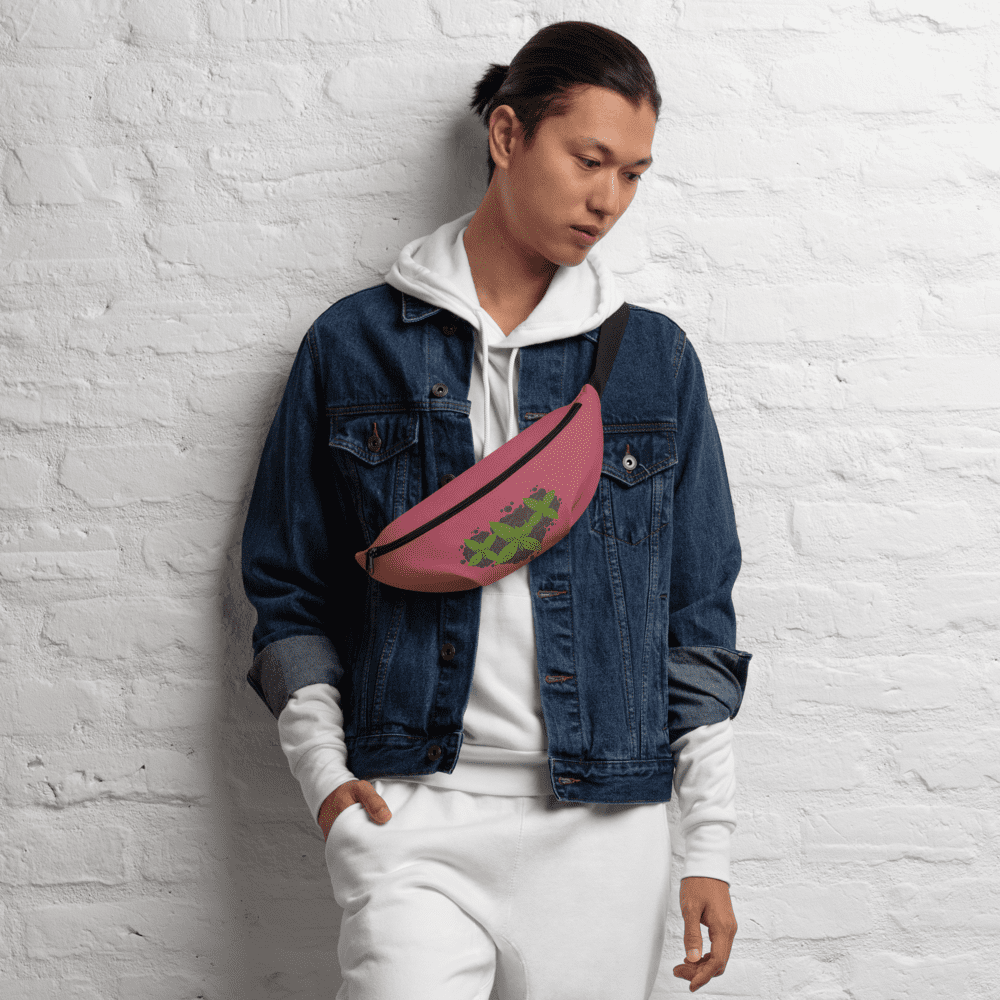 Man in denim jacket and pink bag.