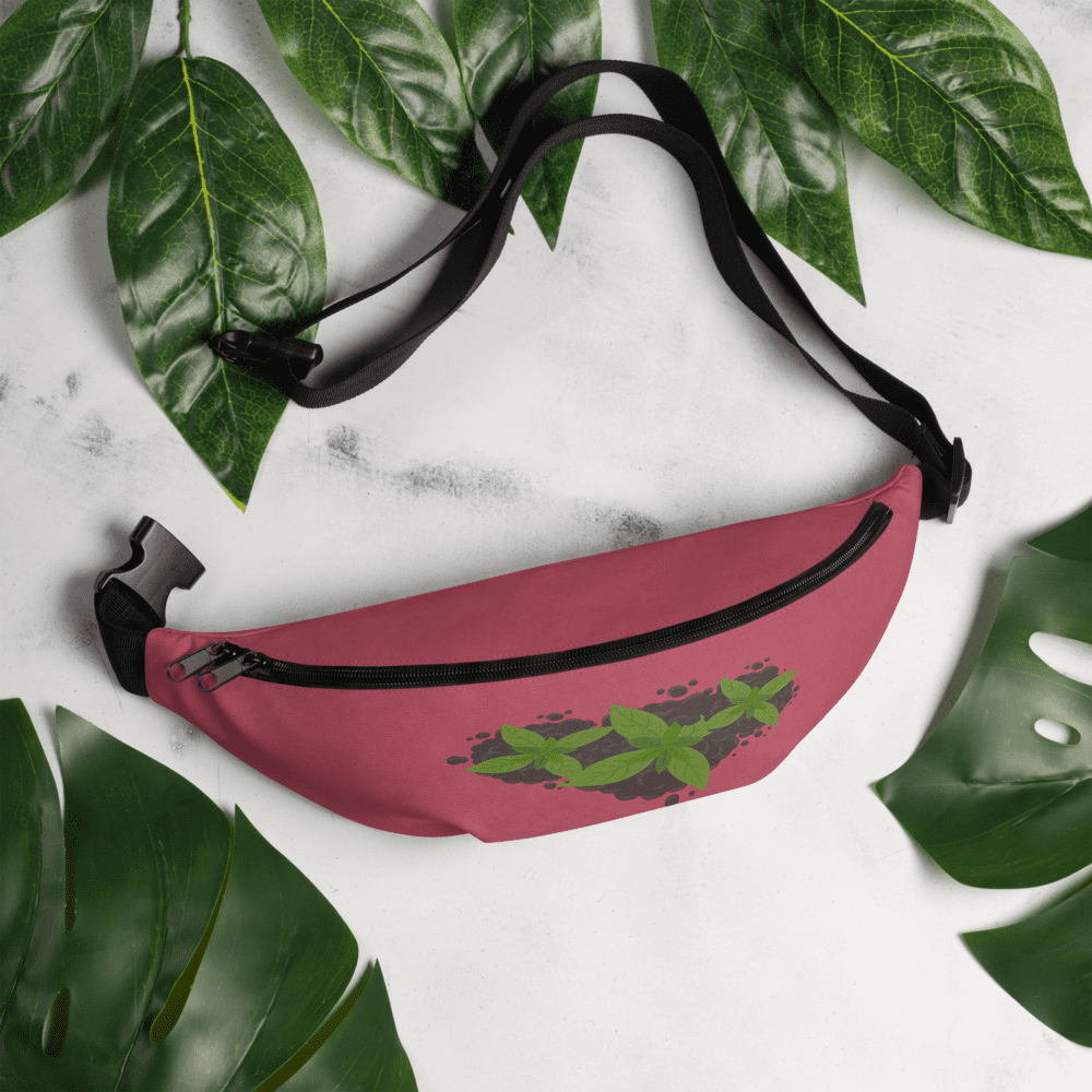Pink fanny pack with green leaf design