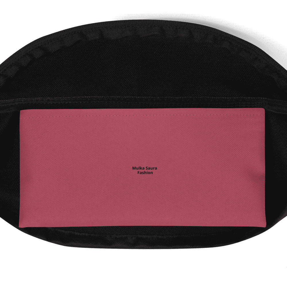 Black pouch with pink interior and text.