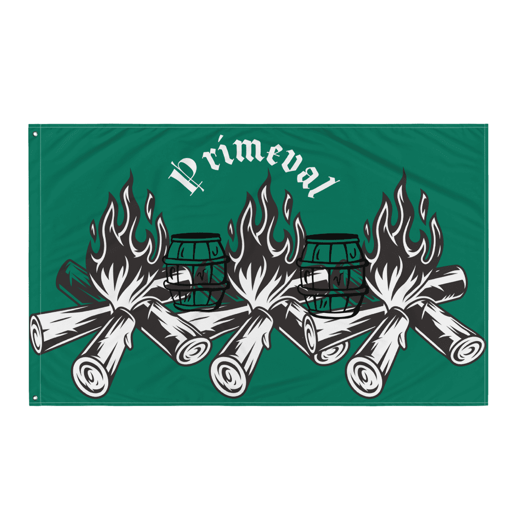 Primeval banner with logs and flames.