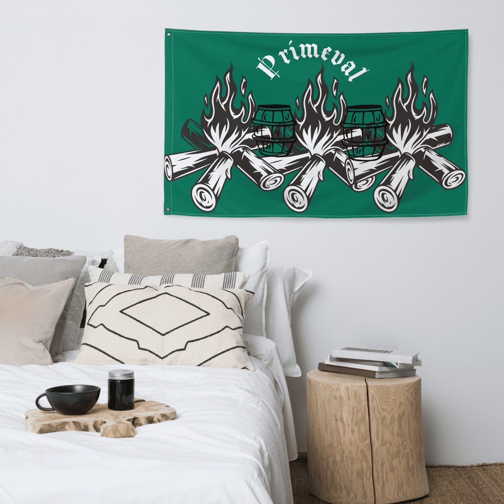 Bedroom with decorative banner above bed.