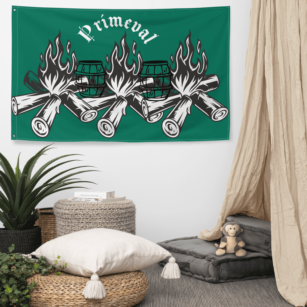 Green flag with burning logs design.