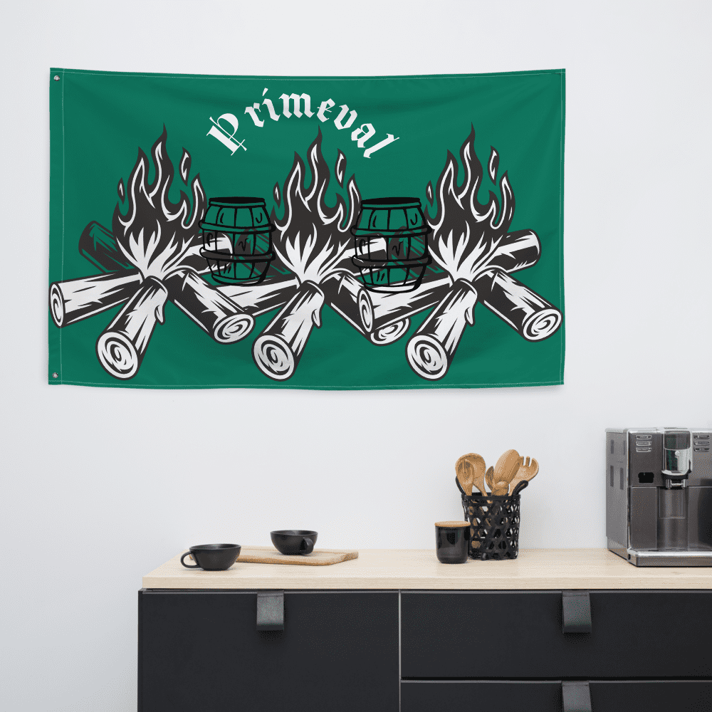 Green flag with burning logs and barrels.