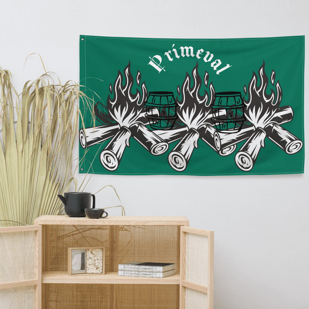 Green Primeval tapestry with burning logs