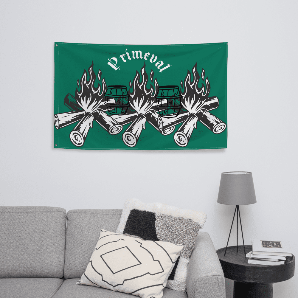 Green tapestry with campfire design on wall.