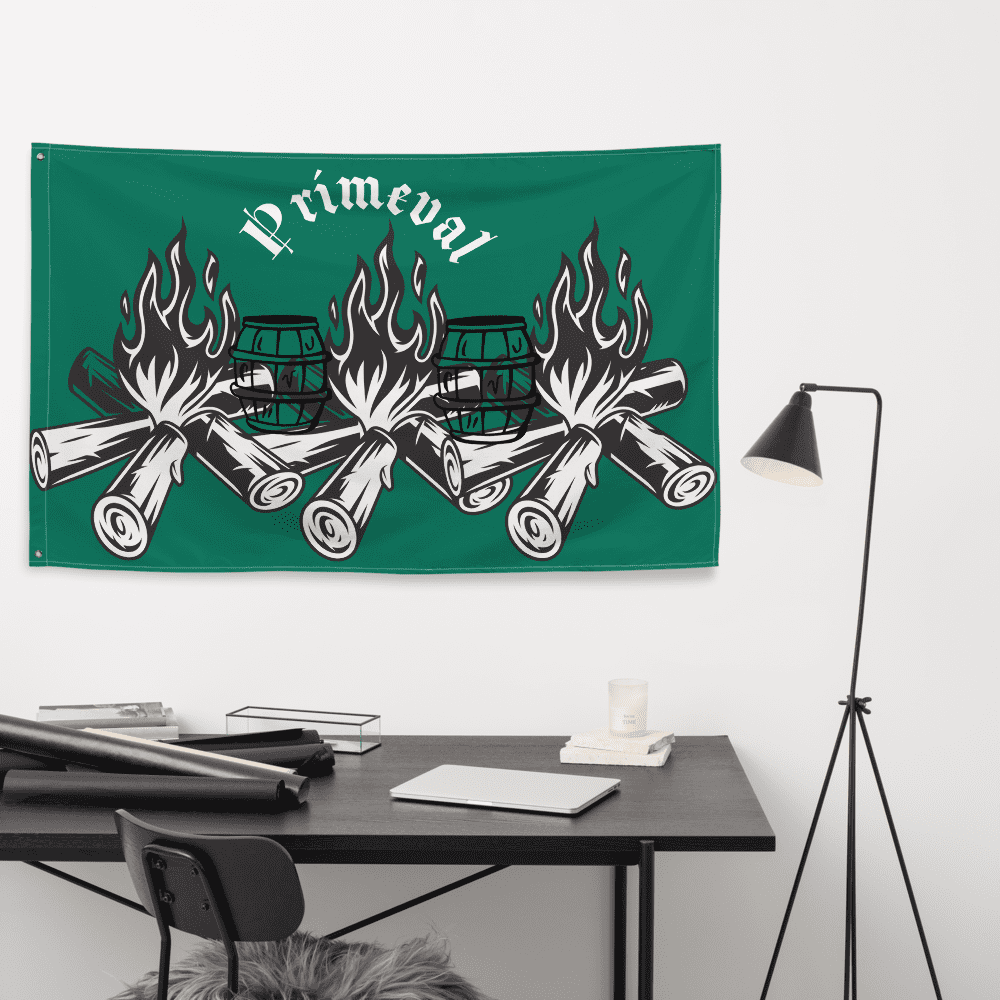 Green flag with logs and flames design.