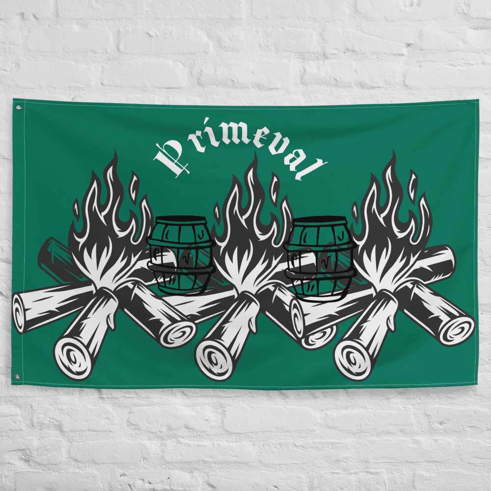 Green flag with fires and barrels design.
