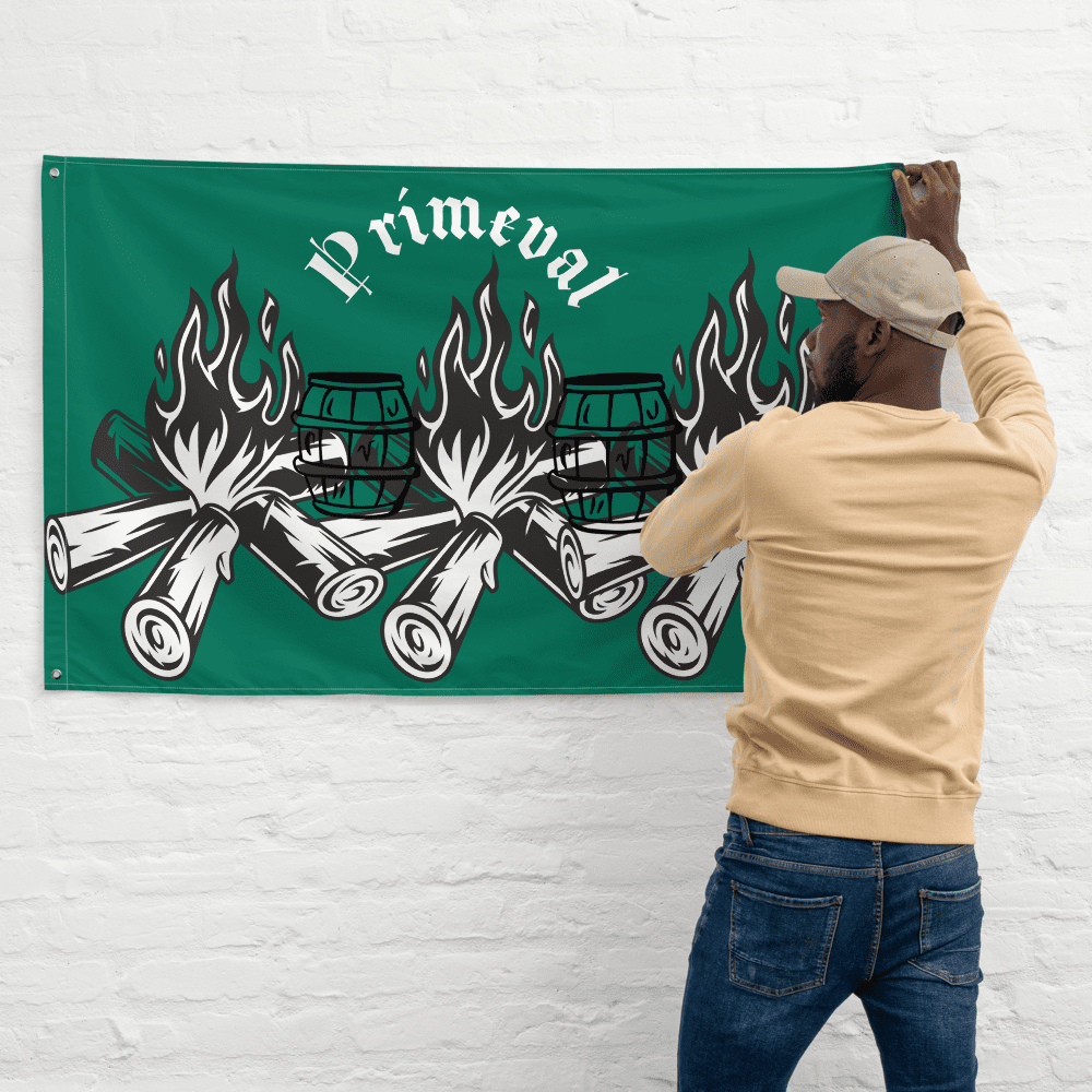 Man hanging flag with flames and barrels.