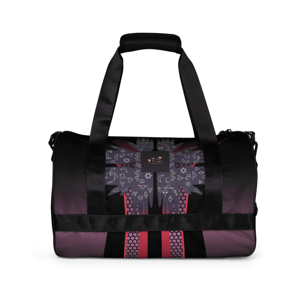 Purple and black duffel bag with patterns.