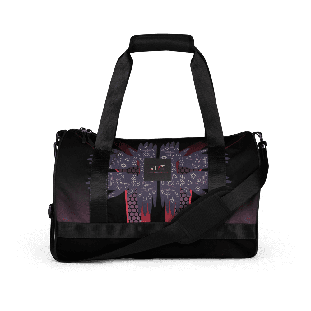 Black duffel bag with colorful geometric design.