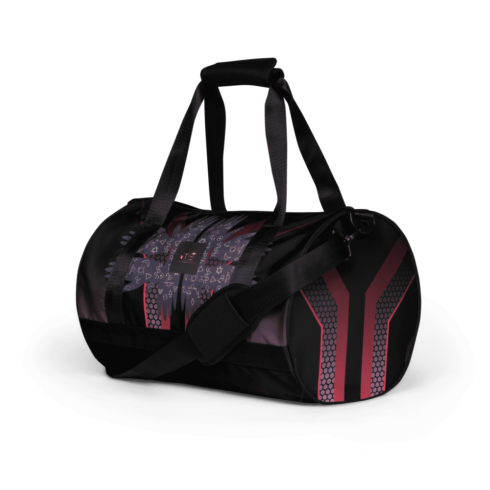 Black and red duffel bag design.