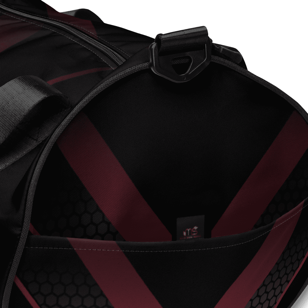 Black and red sports bag with zipper.