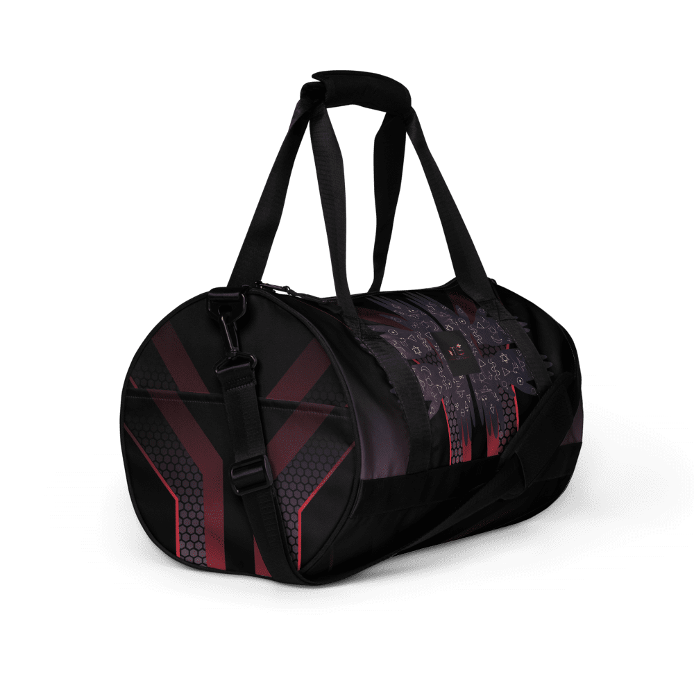 Black and red duffle bag on display.