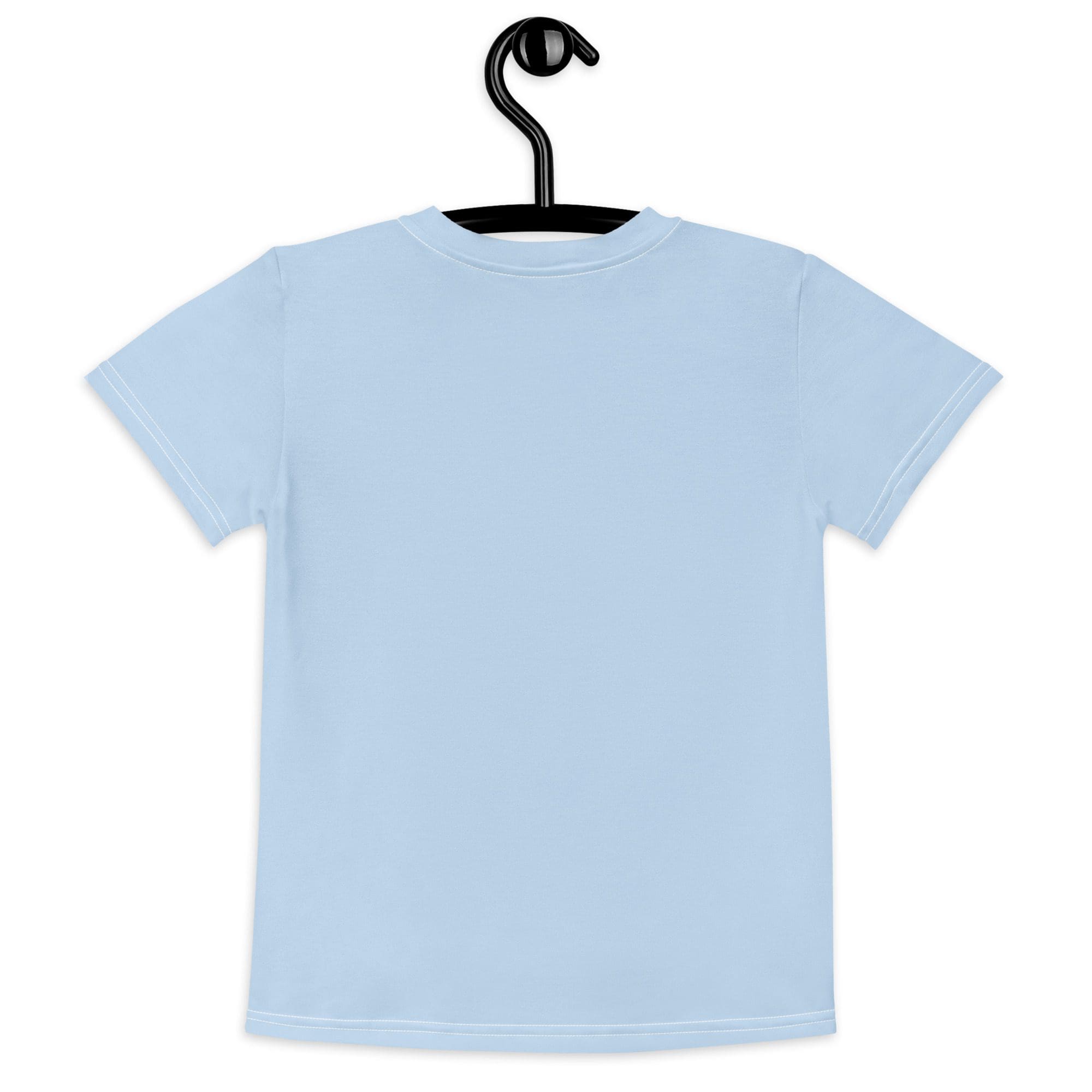 Light blue t-shirt on black hanger.